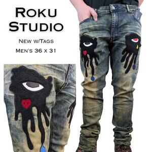 Roku Studio Jeans 36 X 31 Blue Yellow Acid Wash Graphic Patch Streetwear NEW